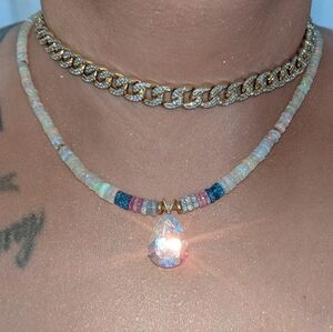 14k  10k Gold Mystic Fairy Tears Pendant Opal, Pink Blue Topaz Beaded Necklace
